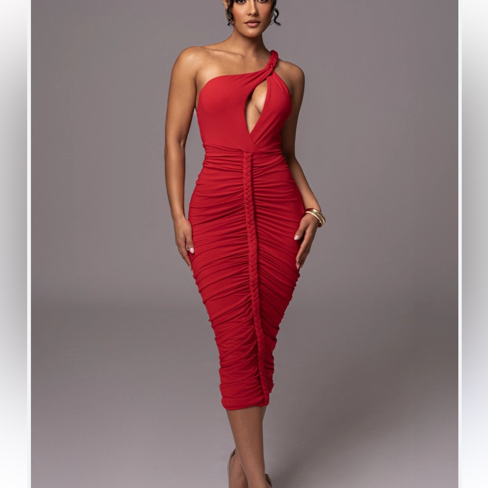 JLUXLABEL Red Jess Ruched Midi Dress NWT